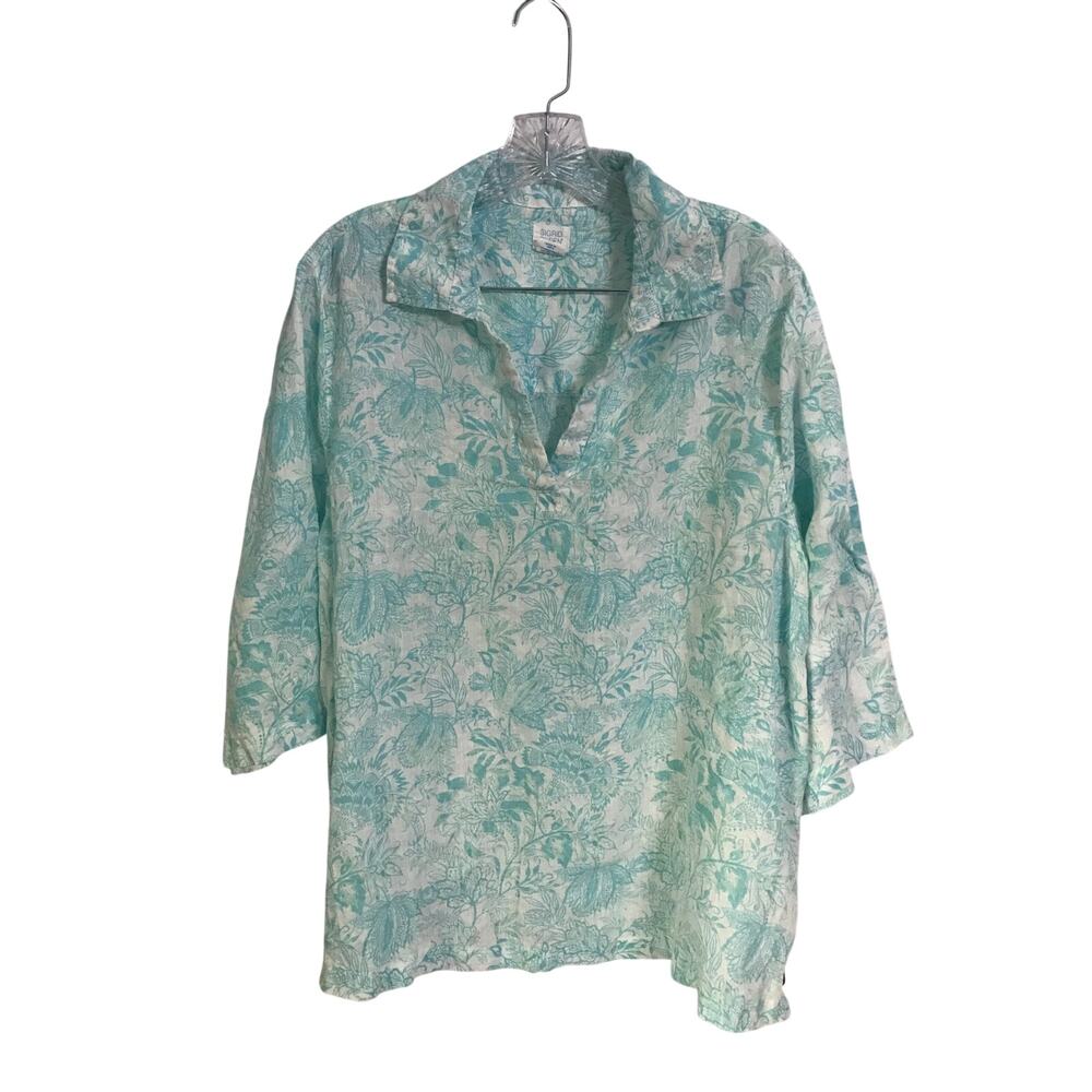 Sigrid Olsen Blouse Size 1X Womens Linen Tunic Three Quarter White Turqoise OneX